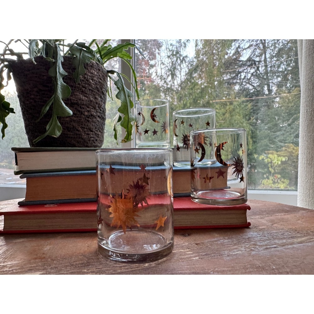 Vintage Celestial Sun Moon Stars Gold Copper Metallic Shot Glasses Set of 4